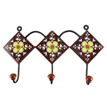 Ceramic Floral Tile Wall Hook in Dark Brown